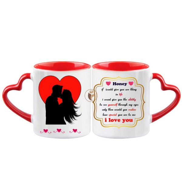 "Honey I Love You" Quotes Printed Heart Handle Ceramic Coffee Mug.