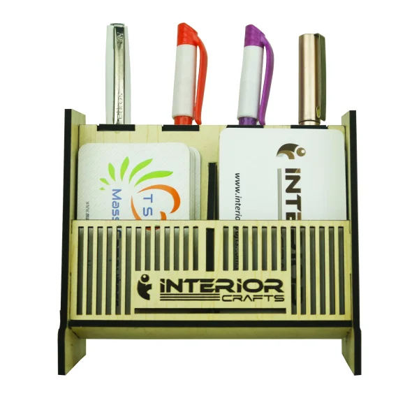"Wooden 2 side Business Card Holder With Pen/pencil Holder"  Office Stationery Organizer.