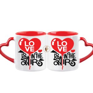 "Love Is In The Air" Quotes Printed Heart Handle Ceramic Coffee Mug.