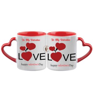 "Happy Valentine Day Be My Valentine" Quotes Printed Heart Handle Ceramic Mug.