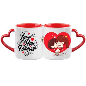 "Love You Forever" Quotes & Couple Cartoon Printed Heart Handle Ceramic Mug.