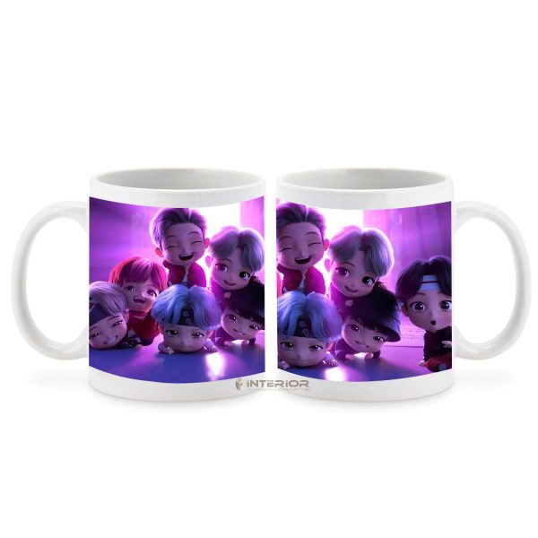 "BTS Cartoon Design Printed White Ceramic Mug."