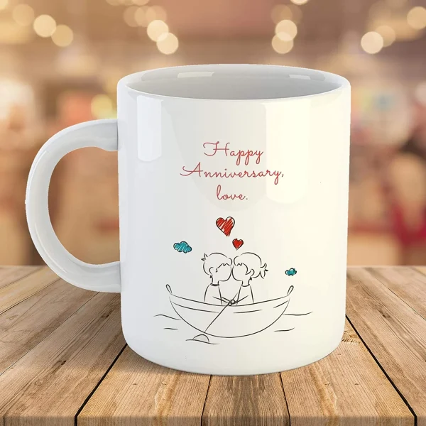 "Happy Anniversary Love" Printed White Ceramic Coffee Mug.