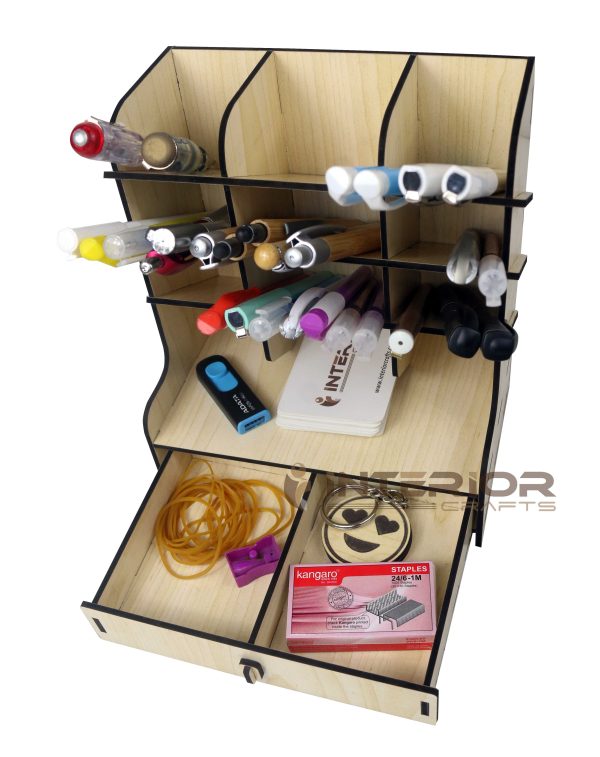 "Wooden Desk Organizer" Multi-Functional DIY Desktop Pencil Holder Stationary Caddy Box Storage Rack with Drawer.