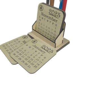 "Wooden Desk Calendar With A Pen Holder" (White) 2025