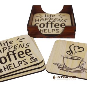 Wooden Board Engraved "Life Happens Coffee Helps" "Wooden Tea Coaster Set - (6pcs)"