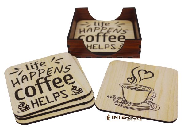 Wooden Board Engraved "Life Happens Coffee Helps" "Wooden Tea Coaster Set - (6pcs)"