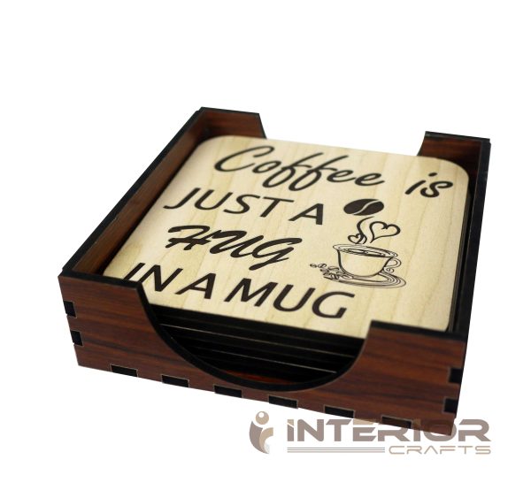 Wooden Board Engraved "Coffee Just A Hug IN A MUG" "Wooden Tea Coaster Set - (6pcs)" - Image 2