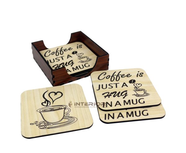 Wooden Board Engraved "Coffee Just A Hug IN A MUG" "Wooden Tea Coaster Set - (6pcs)" - Image 3