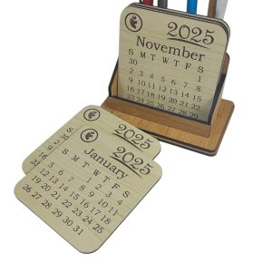 "Wooden Desk Calendar With A Pen Holder" (Red) 2025