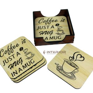Wooden Board Engraved "Coffee Just A Hug IN A MUG" "Wooden Tea Coaster Set - (6pcs)"