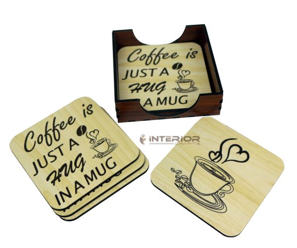 Wooden Board Engraved "Coffee Just A Hug IN A MUG" "Wooden Tea Coaster Set - (6pcs)"