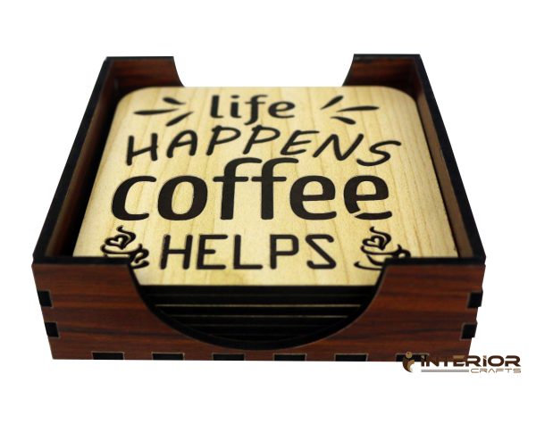 Wooden Board Engraved "Life Happens Coffee Helps" "Wooden Tea Coaster Set - (6pcs)" - Image 4