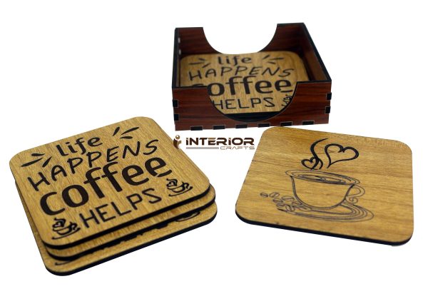 Wooden Board Engraved "Life Happens Coffee Helps" "Wooden Tea Coaster Set - (6pcs)"