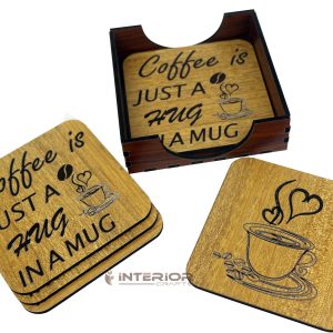 Wooden Board Engraved "Coffee Just A Hug IN A MUG" "Wooden Tea Coaster Set - (6pcs)"