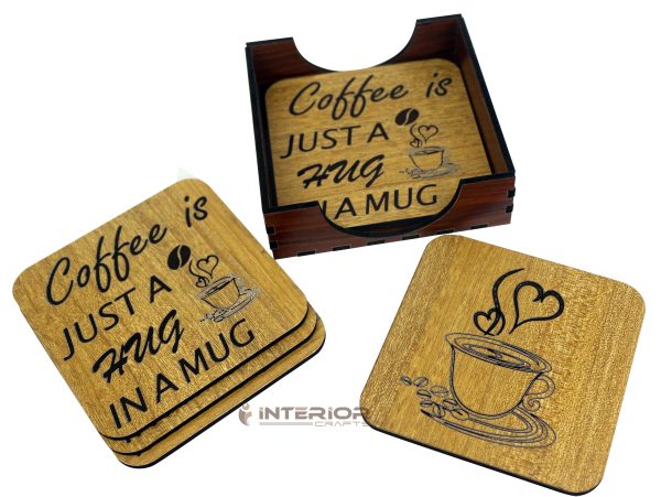 Wooden Board Engraved "Coffee Just A Hug IN A MUG" "Wooden Tea Coaster Set - (6pcs)"