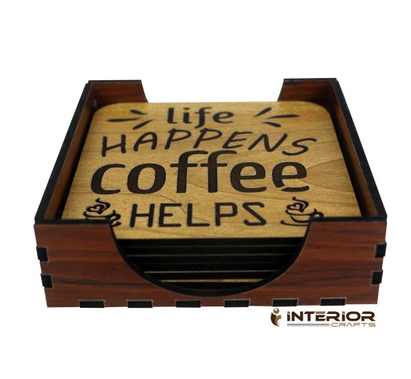Wooden Board Engraved "Life Happens Coffee Helps" "Wooden Tea Coaster Set - (6pcs)" - Image 3