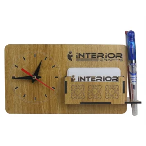 "Wooden Desk Organizer with Clock"(Red)