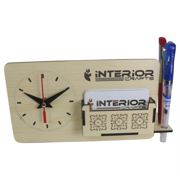 "Wooden Desk Organizer with Clock" (White)